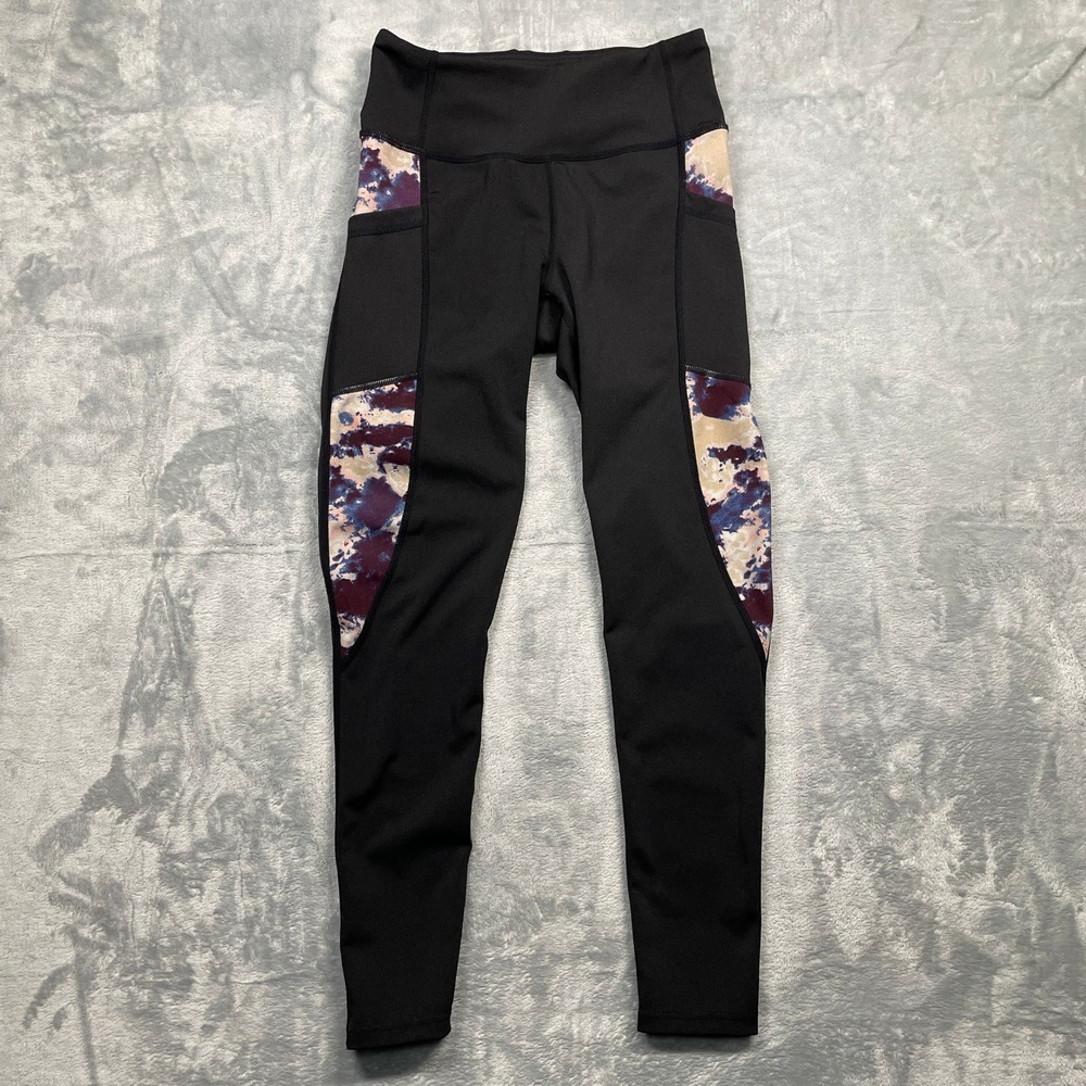 BSP Leggings‎ Women Medium Black Purple Marble Print High Waist Pockets Athletic
